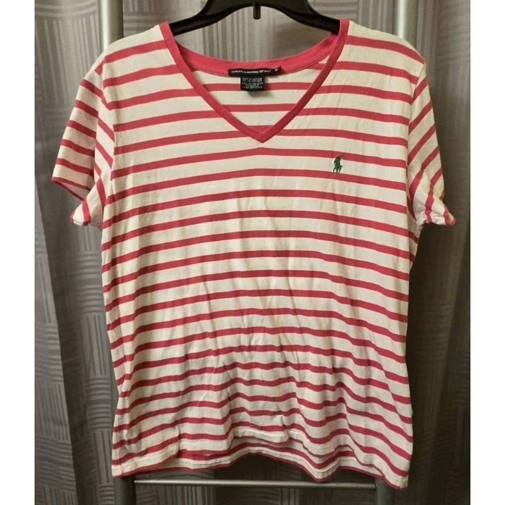 Ralph Lauren Sport T Shirt Womens Size XL Pink Striped Short Sleeve V Neck